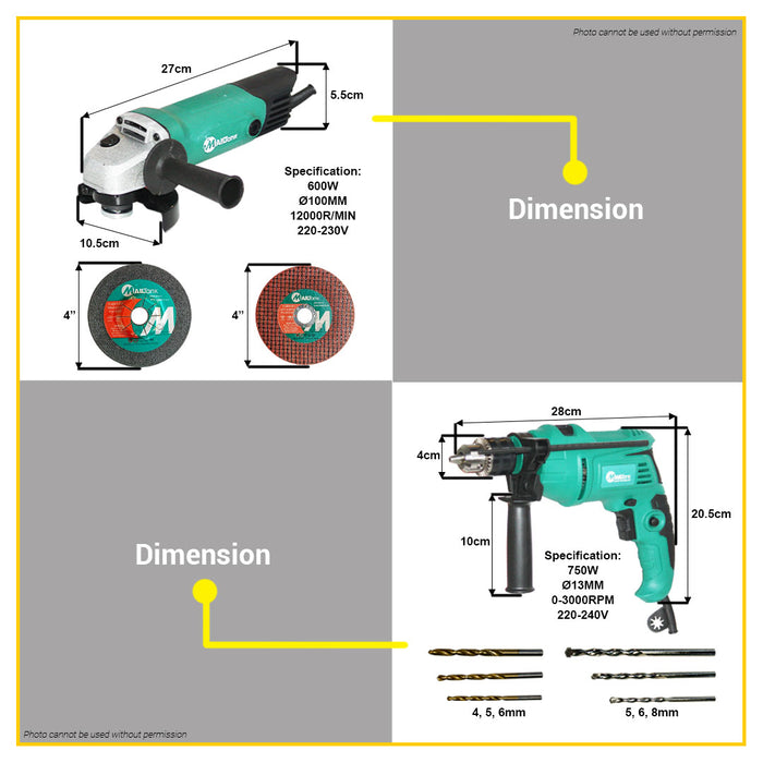 BUILDMATE Mailtank Combo Kit 600W Angle Grinder + 750W Impact Hammer Drill Combo Set Grinding & Drilling SH05A-04A