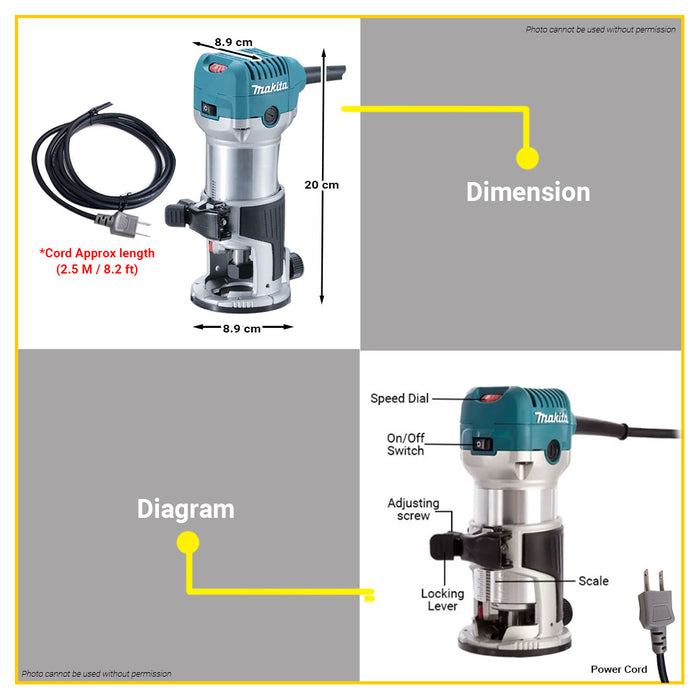 BUILDMATE Makita Trimmer 6mm / 8mm 710W Variable Speed Electric Woodworking Palm Trim Router Wood Trimming Tool RT0700C