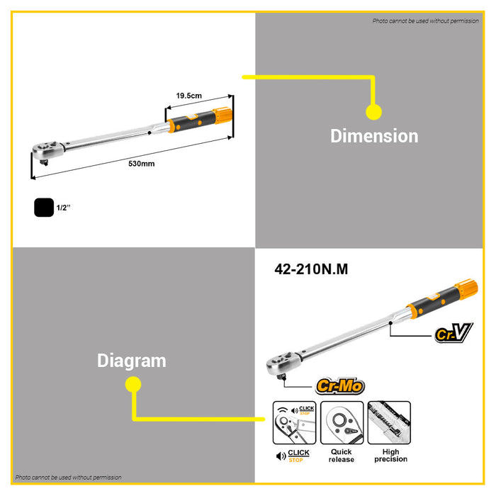 BUILDMATE Ingco 1/2" Inch Easy Adjustable Torque Wrench for Automotive Maintenance HPTW200N1 - IHT