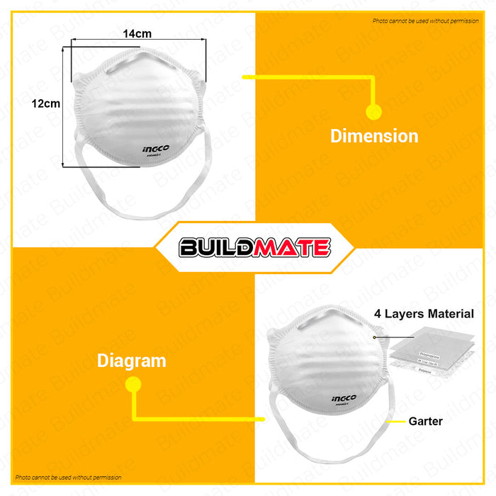 BUILDMATE Ingco Dust Mask FFP2 with Valve (N95) Grade P2 Four Layer Facemask Protection HDM02 • IHT