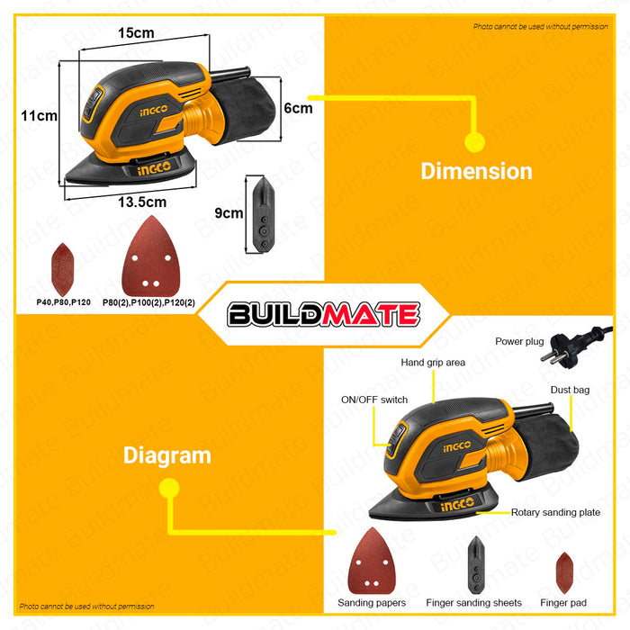 BUILDMATE Ingco Palm Sander Sheet 65W Finish Sander Machine Palm Sanding Machine Sander Electric Finish Palm Sander with Sandpaper Power Tools MS6505 • IPT