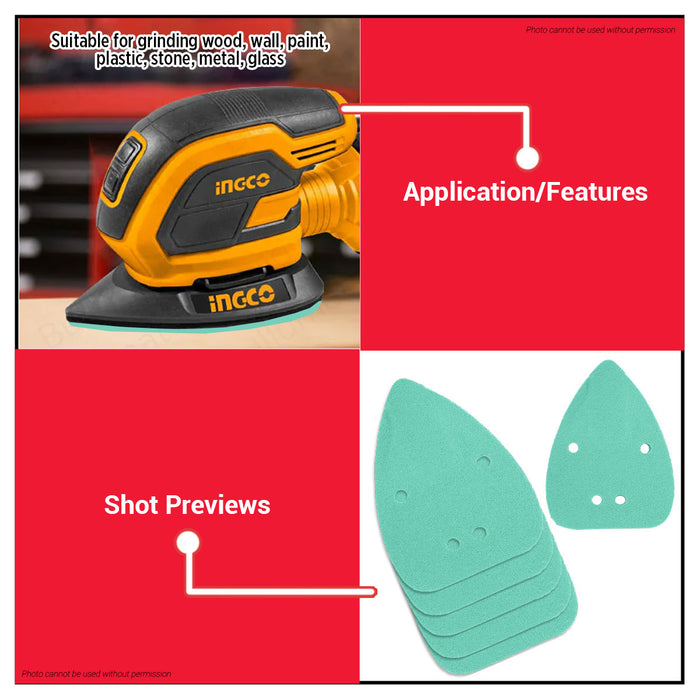 INGCO 50PCS/SET 93x133mm Sanding Sheets for Orbital Sander Assorted Grits (P40–P180) Sandpaper Pads for Wood Paint & Metal AKTS931331 - IHT