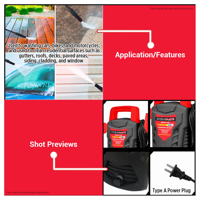 BUILDMATE Brand 1400W Portable Pressure Washer BM-PW1400 With Adjustable Max Pressure