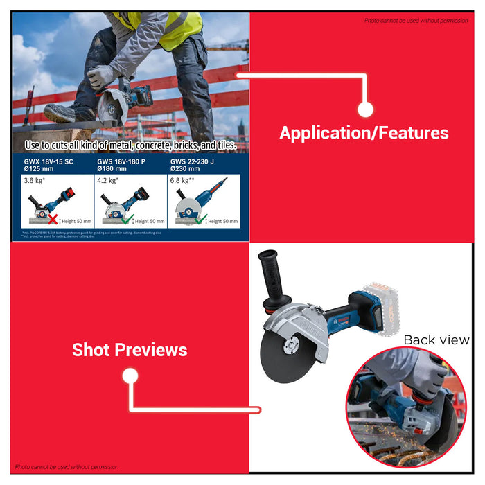 Buildmate x BOSCH Cordless Angle Grinder 18V 180mm BITURBO Brushless Heavy Duty Grinder GWS 18V-180 P 06019H6L01 BLC