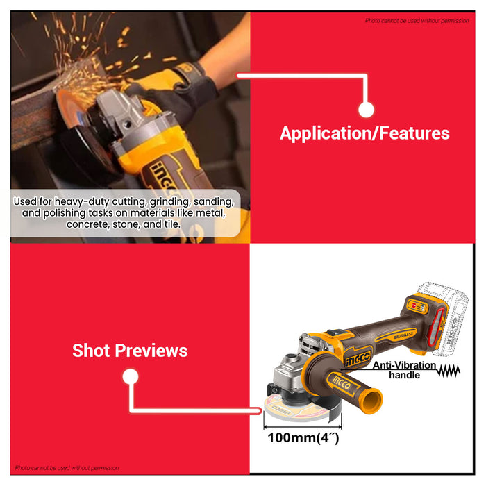 Buildmate x INGCO 20V Cordless Angle Grinder 1200W Brushless CAGLI2120232 ICPT