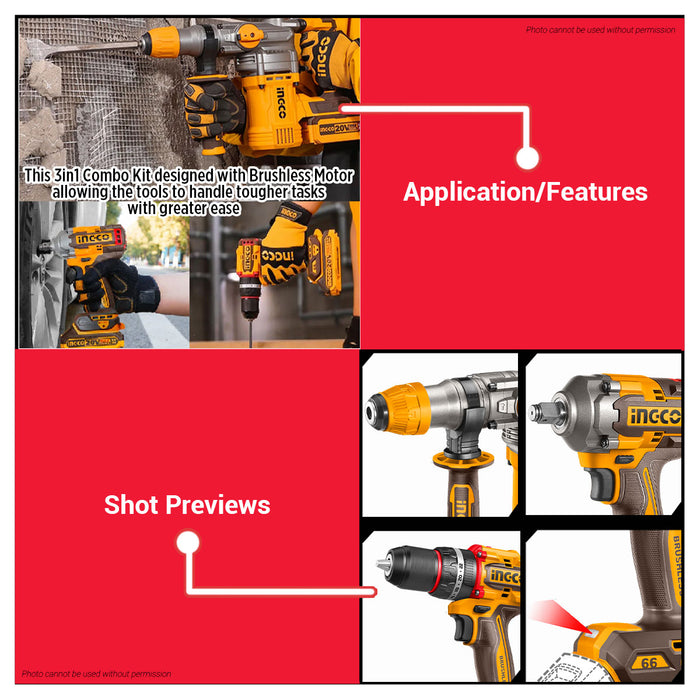 INGCO 3pcs 20V Brushless Cordless Power Tool Combo Kit with Rotary Hammer, Impact Wrench & Drill Driver Tool Set CKLI20638 - ICPT