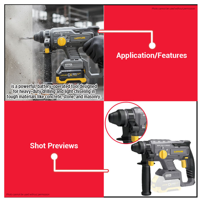 Buildmate x LOTUS 20V Cordless Rotary Hammer 22mm SDS Plus Brushless 2KG (Tool Only) CXBH22VLI LPT