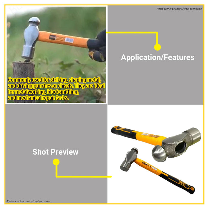 BUILDMATE Ingco Ballpein Hammer Fiberglass Handle Ball Peen Hammer Metalwork 16oz| 24oz | 32oz • IHT