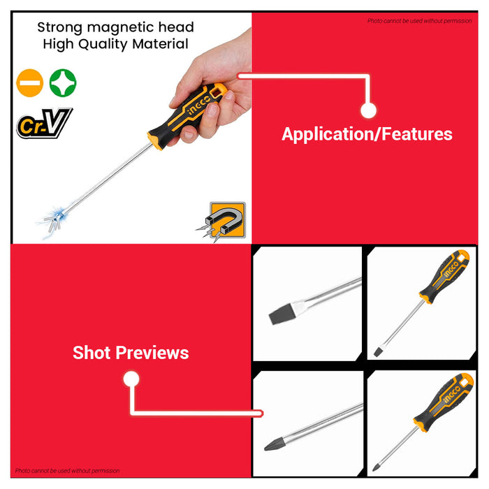 INGCO 10pcs Screwdriver Set Cr-V Magnetic Tip Flat & Phillips Hand Tool Kit For Home Car DIY Repair HKSD1028 - IHT