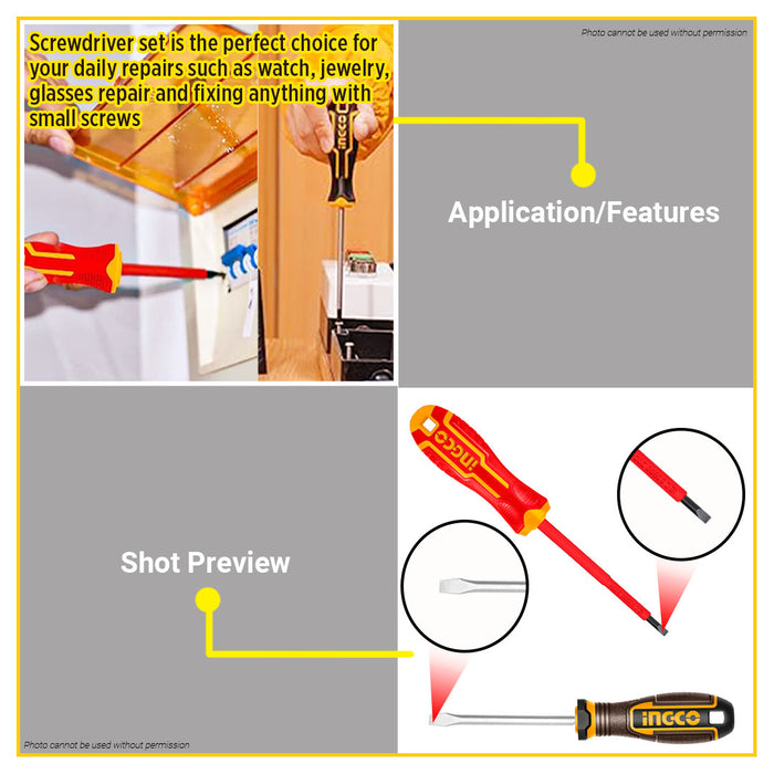 BUILDMATE Ingco 8pcs S2 Standard & Insulated Screwdriver Set Flathead Slotted / Crosshead Phillips Screw Driver Household Tool Repair Kit HKSDS0838 - IHT