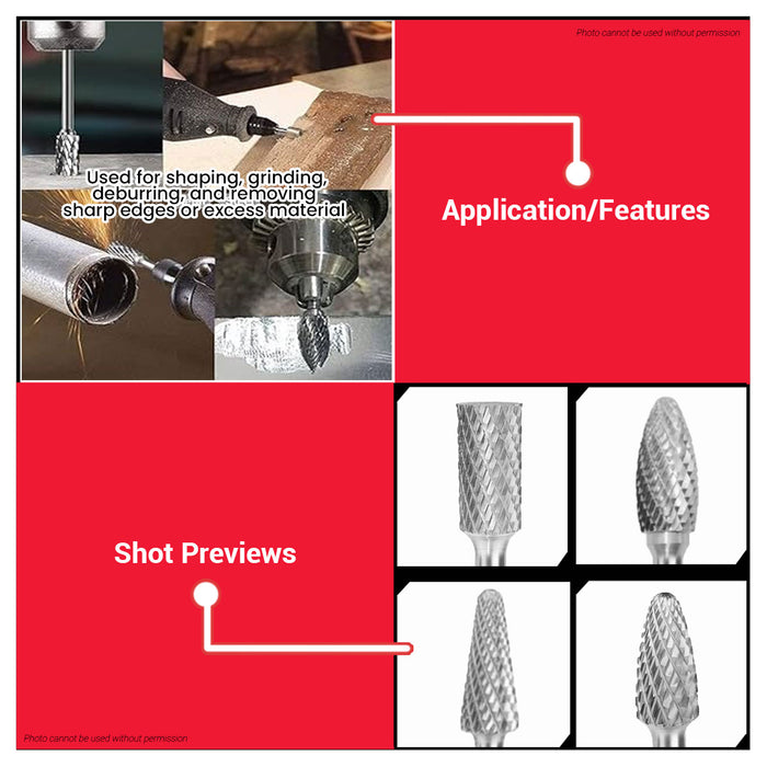INGCO 6mm Shank Tungsten Carbide Rotary Burr Cylindrical Flame Conical Tree Shape For Die Grinder Metal Wood Carving & Polishing - IHT
