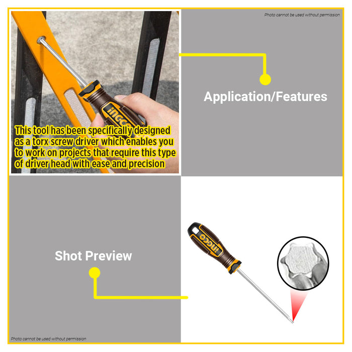 BUILDMATE Ingco Torx Screwdriver T10x100mm Star Shape Tip Magnetic Screw Driver Hand Repair Tools HSDX10100 - IHT