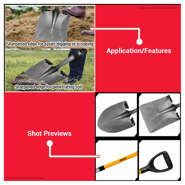 INGCO 105cm Square/Round Steel Shovel With Fiberglass Handle Garden Spade Digging Tool For Soil Grave & Construction Work SOLD PER PIECE - HT2