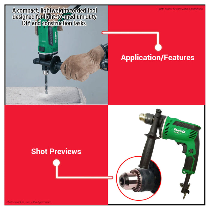 Buildmate x MAKITA 430W Hammer Drill 13mm Keyed Chuck Variable Speed Reversible Impact Drill M8103KX2M