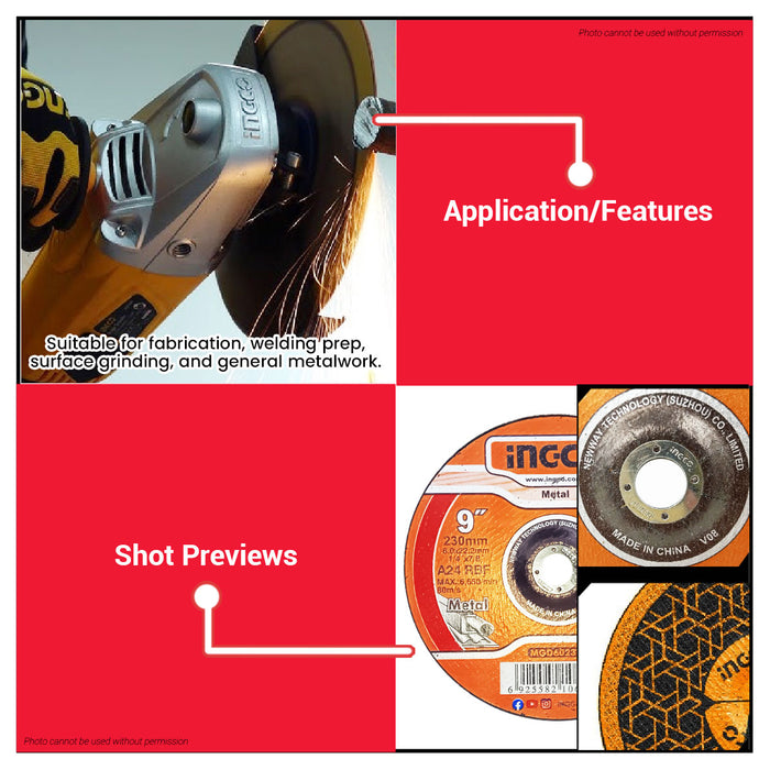 INGCO 230mm Metal Grinding Disc 9"x6mmx22.2mm Depressed Center Angle Grinder Abrasive Wheel MGD602301 - IHT