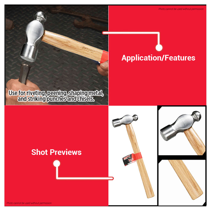 MPT Ball Pein Hammer Wood Handle 1/2LB - 3/4LB HT • MOST PROFESSIONAL TOOLS •