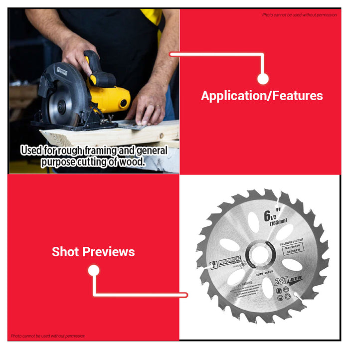 Powerhouse 6-1/2 x 24T Circular Saw Blade for Wood PH-CSWOOD6-12X24T Max Speed 9500RPM PTAA