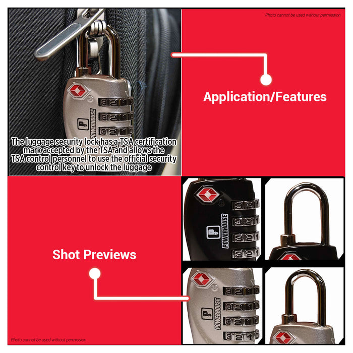PowerHouse 4-Dials TSA Luggage Padlock (Silver/Black) PH-TSAPL-4D-SLV / PH-TSAPL-4D-BLK | PHDH