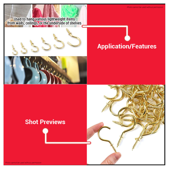 BUILDMATE x POLOLOCK B/P Cup Hook ½", ⅝", ¾", ⅞", 1", 1-¼", 1-½", 2" | Brass-Plated Steel Hook for Hanging & Organizing