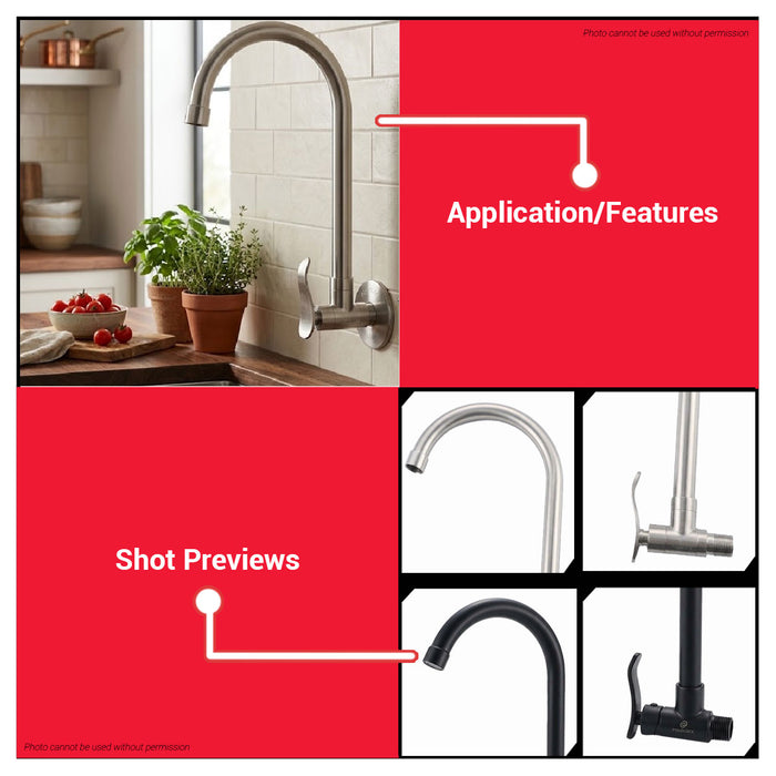 Buildmate x Pololock Wall-Mounted Gooseneck Faucet 1/2" 304 Stainless Steel/Matte Black PLL-PL22188
