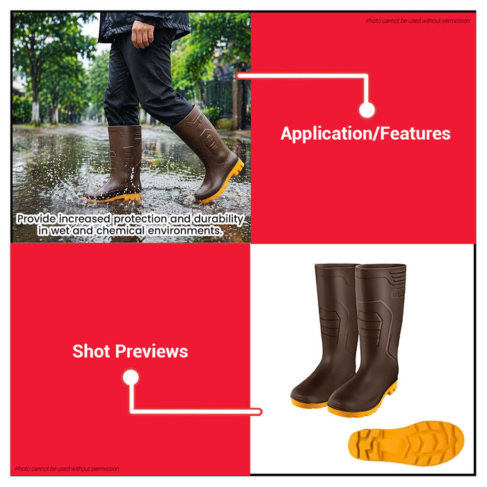 Buildmate x INGCO SSH098L Rain Boots | Brown PVC, Waterproof, Oil & Acid Resistant 39-41 IHT