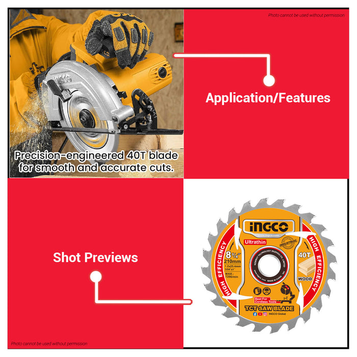 INGCO 8-1/4in(210mm) 40T Ultra Thin TCT Saw Blade For Wood TSB2103 IHT