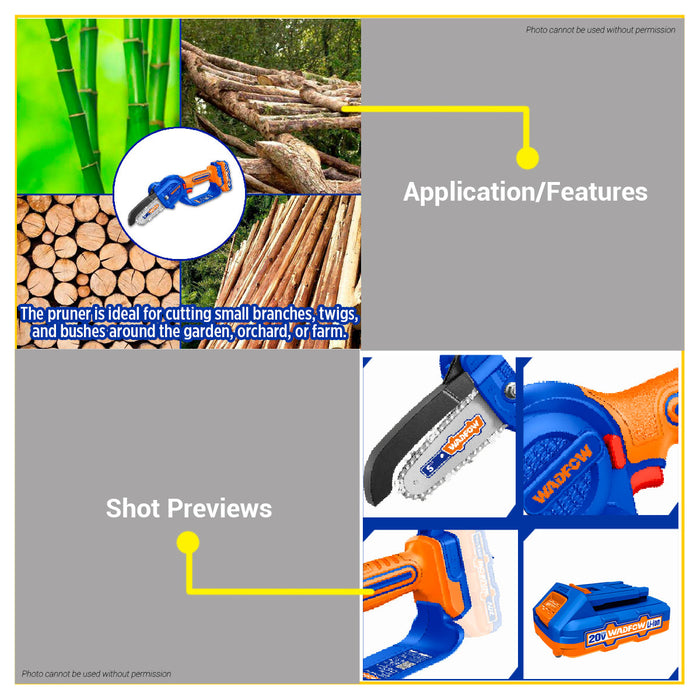 BUILDMATE Wadfow 20V Lithium-Ion Cordless Pruner Saw 130cm Rechargeable Handheld Chainsaw Pruner Tree Pruning Branch Cutter Wood Garden Trimming Saw WCLP552 - ICPT