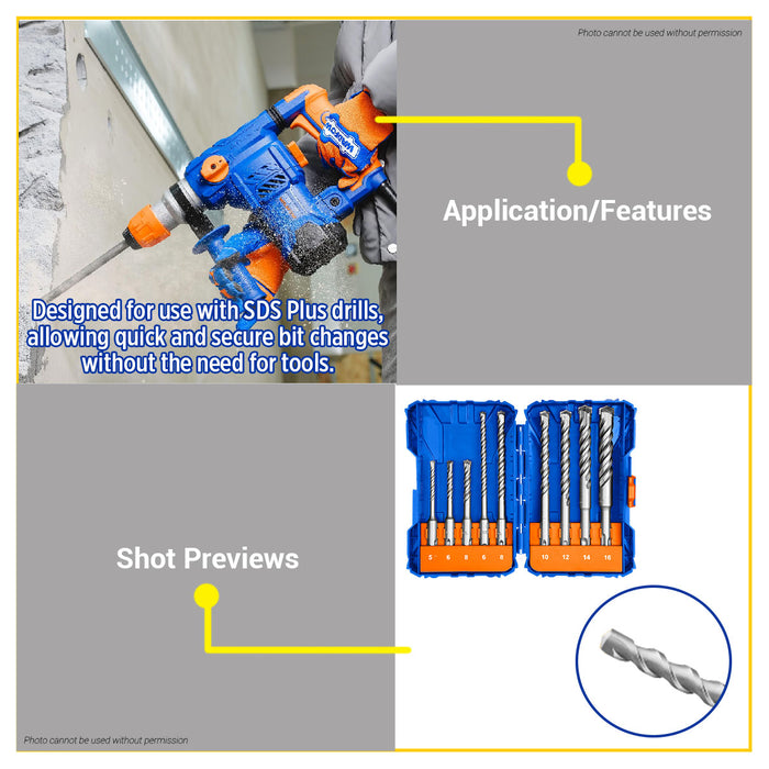 BUILDMATE Wadfow 9pcs SDS Plus Hammer Drill Bits Set Heavy Duty Concrete & Masonry Drilling Power Tool Accessories For Rotary Hammer WHD6509 - WHT