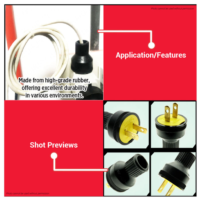 BUILDMATE Omni Heavy Duty Rubber Plug Black 10A 250V Rubberized 2 Flat Pin Durable Electrical Power Plug WHR002