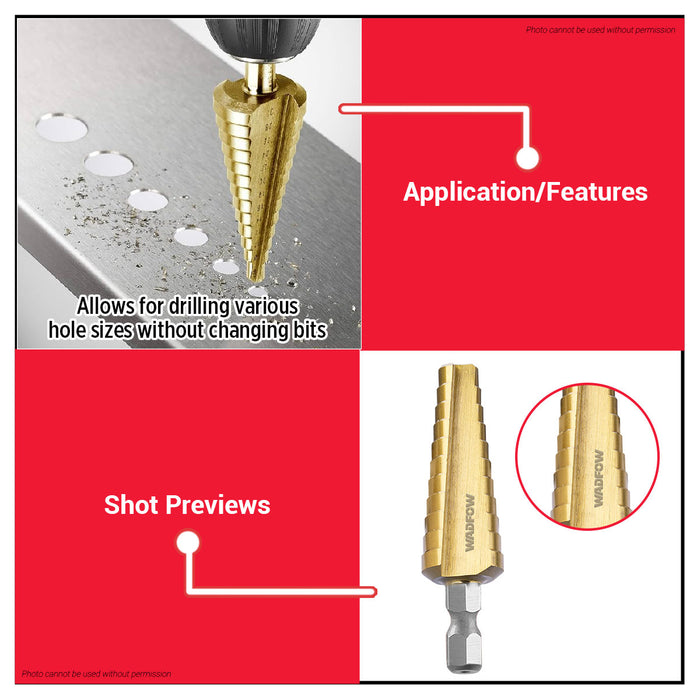 WADFOW Titanium Step Drill Bit HSS 1/4" Hex Shank Metal Wood Plastic Sheet Cone Drilling Tool for Power Drill - WHT