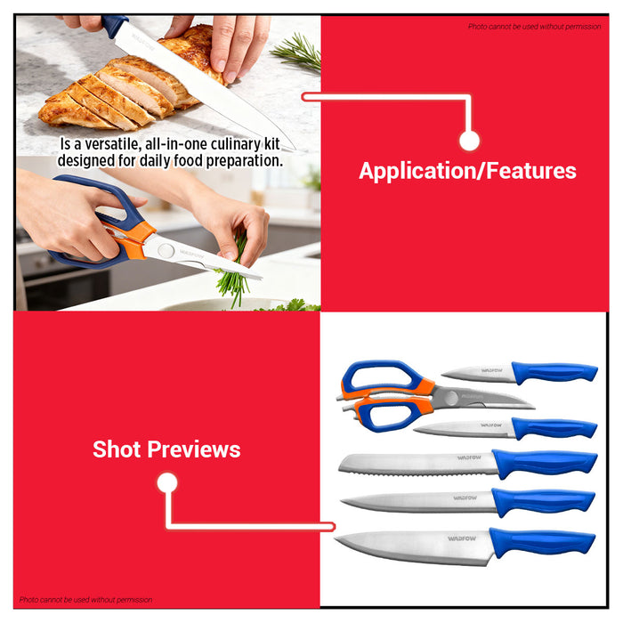 Buildmate x Wadfow 6pcs Kitchen Knife & Scissors Set Stainless Steel WKK2K61 WHT