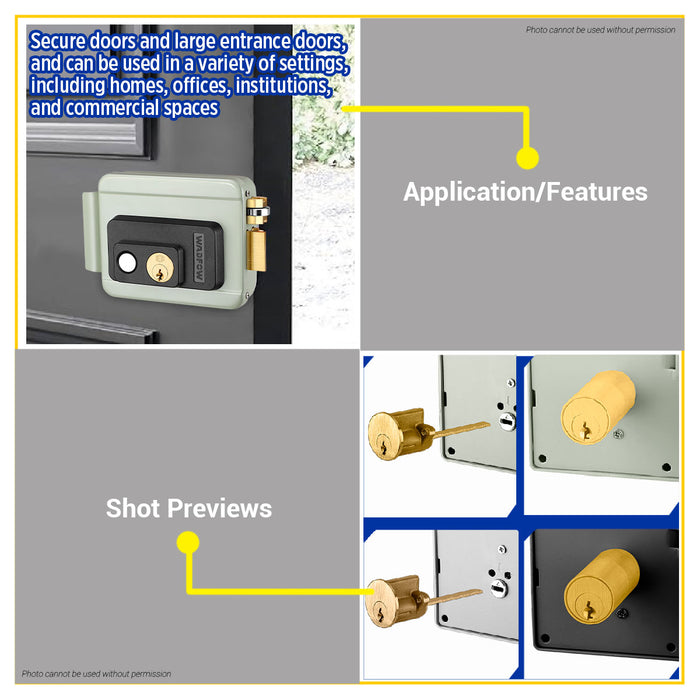 BUILDMATE Wadfow Electric Rim Lock 60mm Loose / Fixed Cylinder Right Hand Opening With 3pcs Brass Keys Electronic Security Rim Mounted Gate Door Auto Lock - WHT