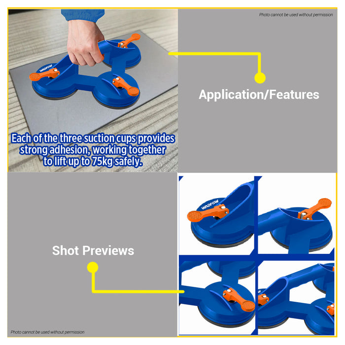 BUILDMATE Wadfow 75kg Triple Suction Cup Glass Sucker Lifter with ABS Handle Vacuum Gripper Tool Three Claw Glass Carrier WKR1G75 - WHT