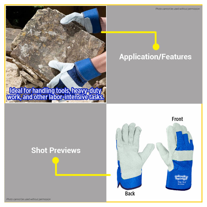 BUILDMATE Wadfow Leather Cowhide Gloves 10.5" Double Stitched Gunn Cut With Keystone Thumb Multipurpose Work Protective Gloves WLG0105 - WHT