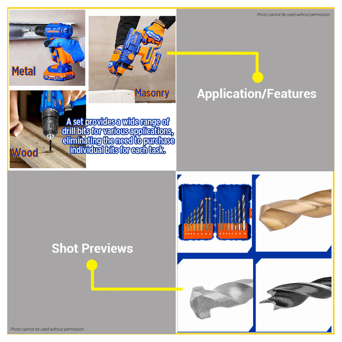 BUILDMATE Wadfow 16pcs Metal, Masonry And Wood Drill Bits Set Multi-Purpose Twist Drilling Accessories Tool Set for Power Drill WMJ6516 - WHT