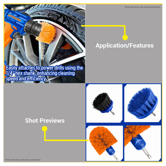 BUILDMATE Wadfow 3pcs Multipurpose Brush Set 1/4" Hex Shank Soft Medium Hard Bristle Auto Detailing Cleaning Brushes Tool Kit WND5401 - WHT