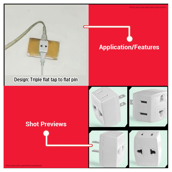 BUILDMATE Omni Octopus Adapter Triple Flat Tap to Flat Pin 10A 250V 3 Way Indoor Mini Wall Tap Outlet Splitter AC Plug Adapter Socket WOA-00
