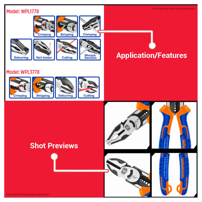 Wadfow 8” inch / 200MM Multi Function Combination Pliers WPL1778 | 7.5inch/190MM Diagonal Cutting Pliers WPL3778 WHT