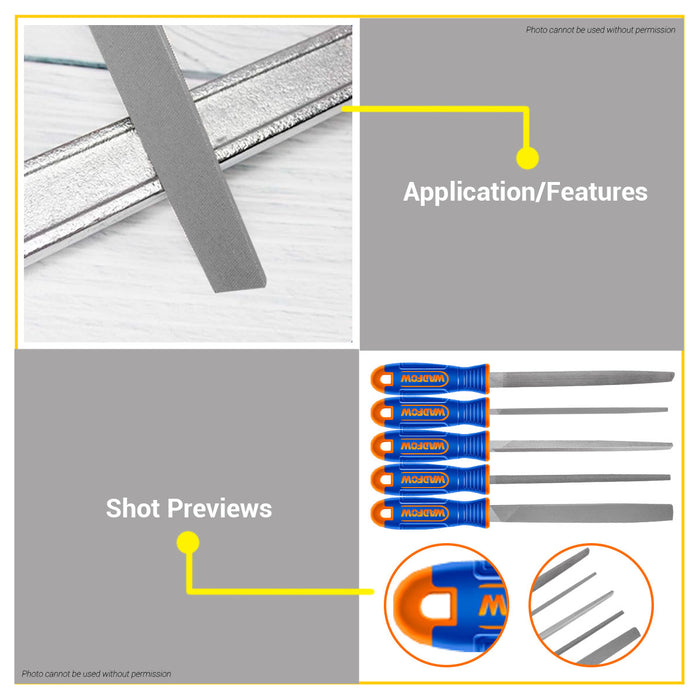 BUILDMATE Wadfow 5pcs Steel File Set 8" (200mm) Metalworking Filing Tools Sharpening Hand Files Metal Shaping Tool Kits WSF2405 - WHT