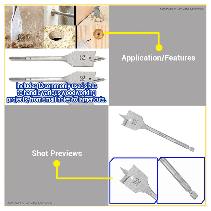 BUILDMATE Wadfow 12pcs 1/4" Hex Flat Wood Drill Bits Set Flat Tip Spade Woodworking Drilling Bit WWF6512 - WHT