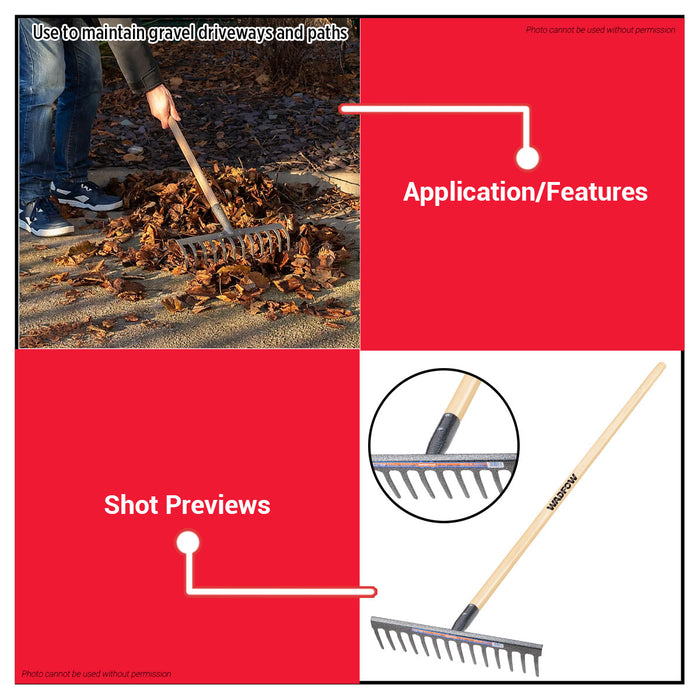 Build It Rake Wadfow 14T Heavy Duty Gravel & Landscaping Rake with Wooden Handle Wid ...