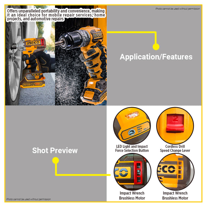 [EXCLUSIVE] BUILDMATE Ingco 2pcs Brushless 20V Cordless Combo Kit Lithium-Ion ( Impact Wrench or Impact Driver ) + Cordless Drill Power Tools Set CKLI20271 / CKLI20272  - ICPT