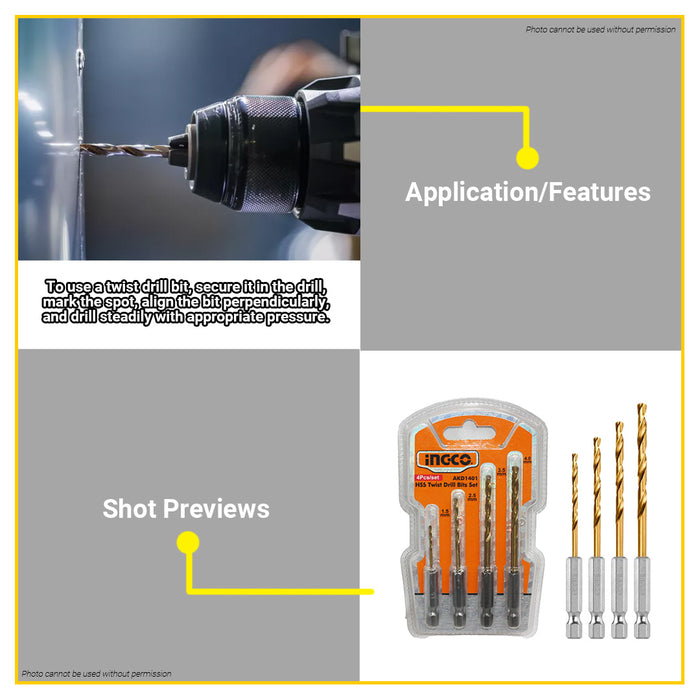 BUILDMATE Ingco 4pcs 1/4" Hex Fully Ground HSS Twist Drill Bits Set Titanium Coated Metal Wood Plastic Drilling Multi-Purpose Power Tool Accessories AKD1401 - IHT