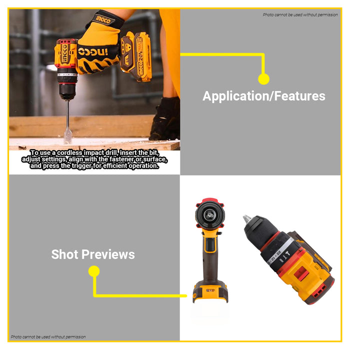 BUILDMATE Ingco 20V Compact Brushless Cordless Impact Drill 66N.m Rechargeable Portable Impact Drill Driver Tool For Automotive & Home Improvement CIDLI206681 - ICPT