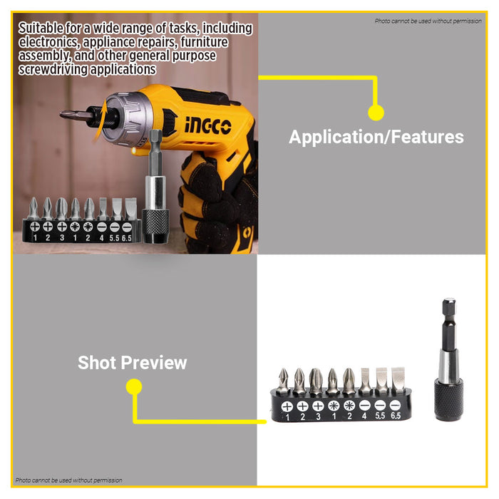 BUILDMATE Ingco 9pcs Screwdriver Bits Set S2 Industrial Steel Magnetic Interchangeable Driver Bits Attachment Set AKSD0071 - IHT