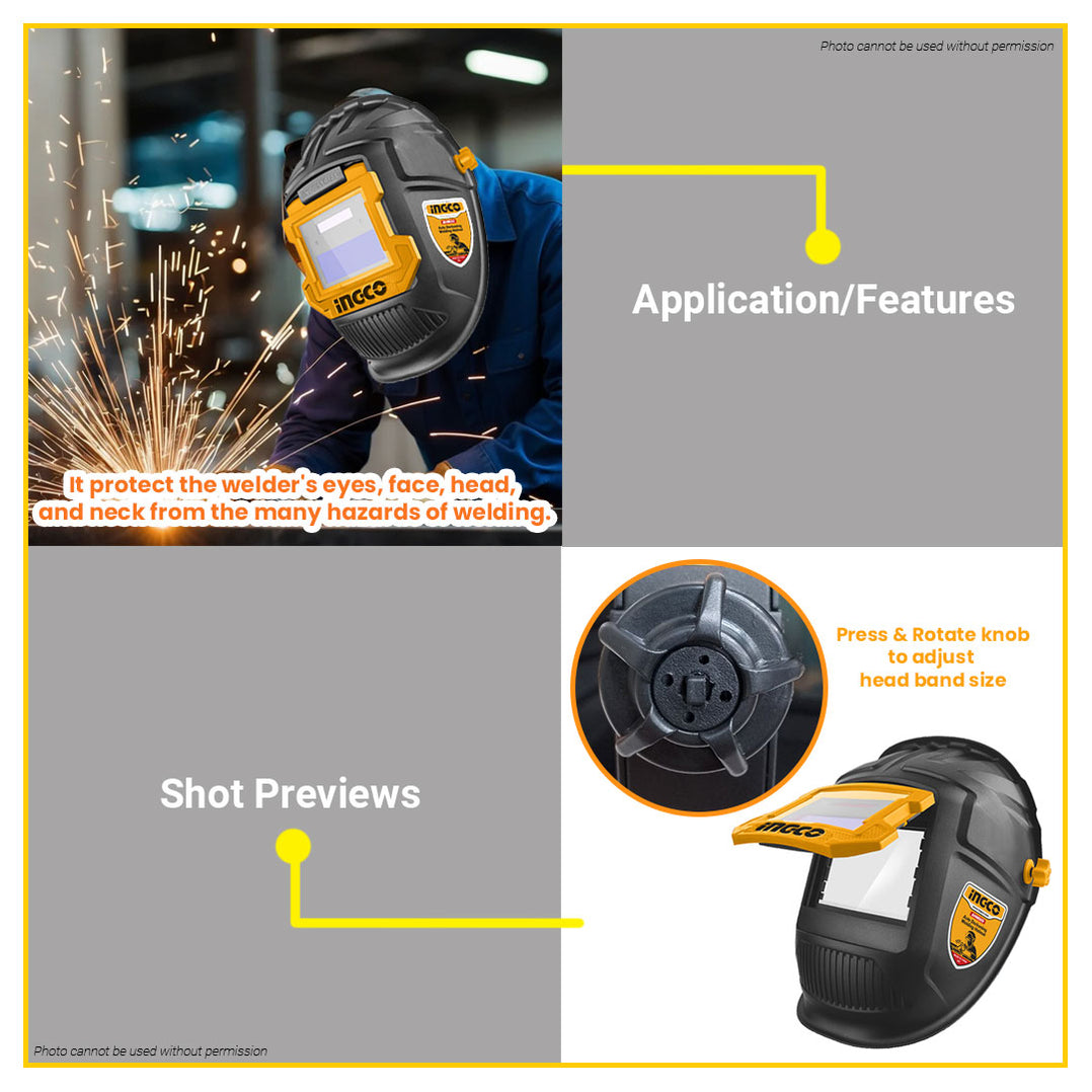 BUILDMATE Ingco Auto Darkening Welding Helmet 90x35mm Viewing Area Sol ...