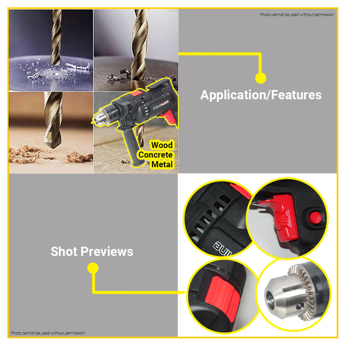 BUILDMATE Brand 800W Electric Impact Drill 13mm Capacity with Hammer Function and Switch Lock Button Heavy Duty Power Drill BM1D800