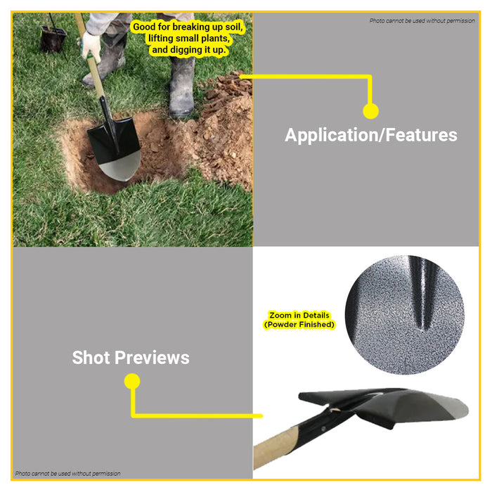 BUILDMATE Polonet Steel Shovel Round Pointed | Square with Wooden Handle Garden Tool Plant Trowel Powder Finished Blade Pala