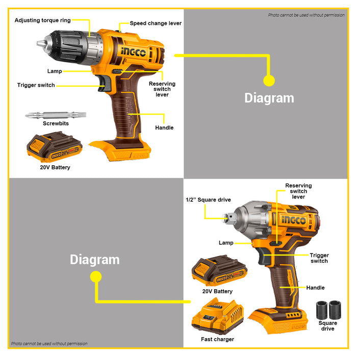 BUILDMATE Ingco Lithium-Ion Cordless Impact Wrench and Cordless Drill Combo Kit <span data-mce-fragment="1">COSLI230702 - IPX</span>