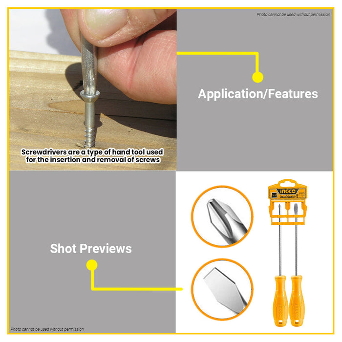 BUILDMATE Ingco 2PCS Screwdriver Set Cr-V Phillip / Flat Round Shank Screw Driver HKSD0258 - IHT